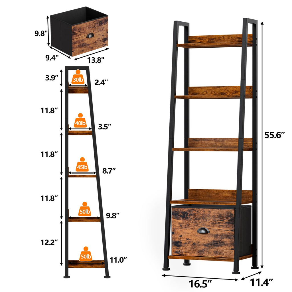Ladder Shelf, 5 Tier Bookshelf with Fabric Drawer, Rustic Brown