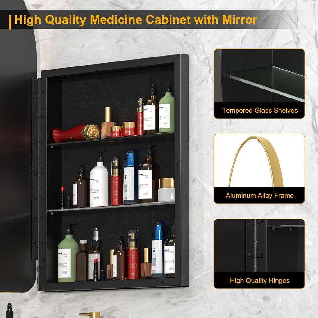 Arched Medicine Cabinet with Mirror,Gold Recessed Medicine Cabinet Mirror | Bathroom Arch Mirror Cabinet,Metal