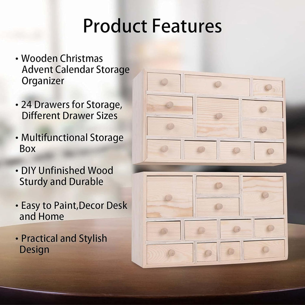 Set of 2 Wooden Countdown to Christmas Advent Calendar,Craft Storage Organizer with 24 Drawers,DIY Unfinished