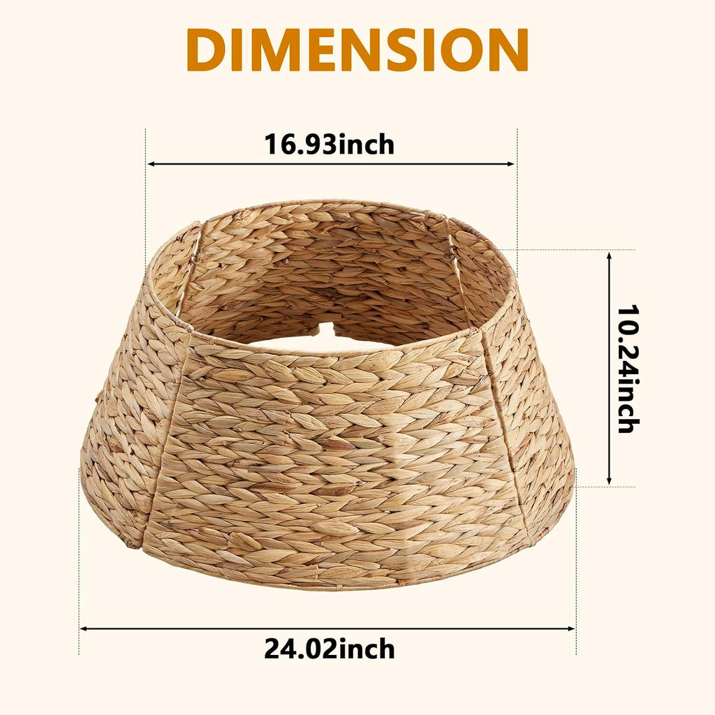 24inch Christmas Tree Collar for 4-7ft Trees, Woven Hyacinth Rattan 4-Panel Collar w/Cord Access Hole & Easy Lock