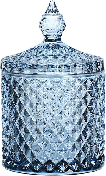 Diamond Faceted Crystal Glass Candy Jar with Lid, Blue Decorative Jar, Jewelry Box, Cotton Swab Storage Holder.