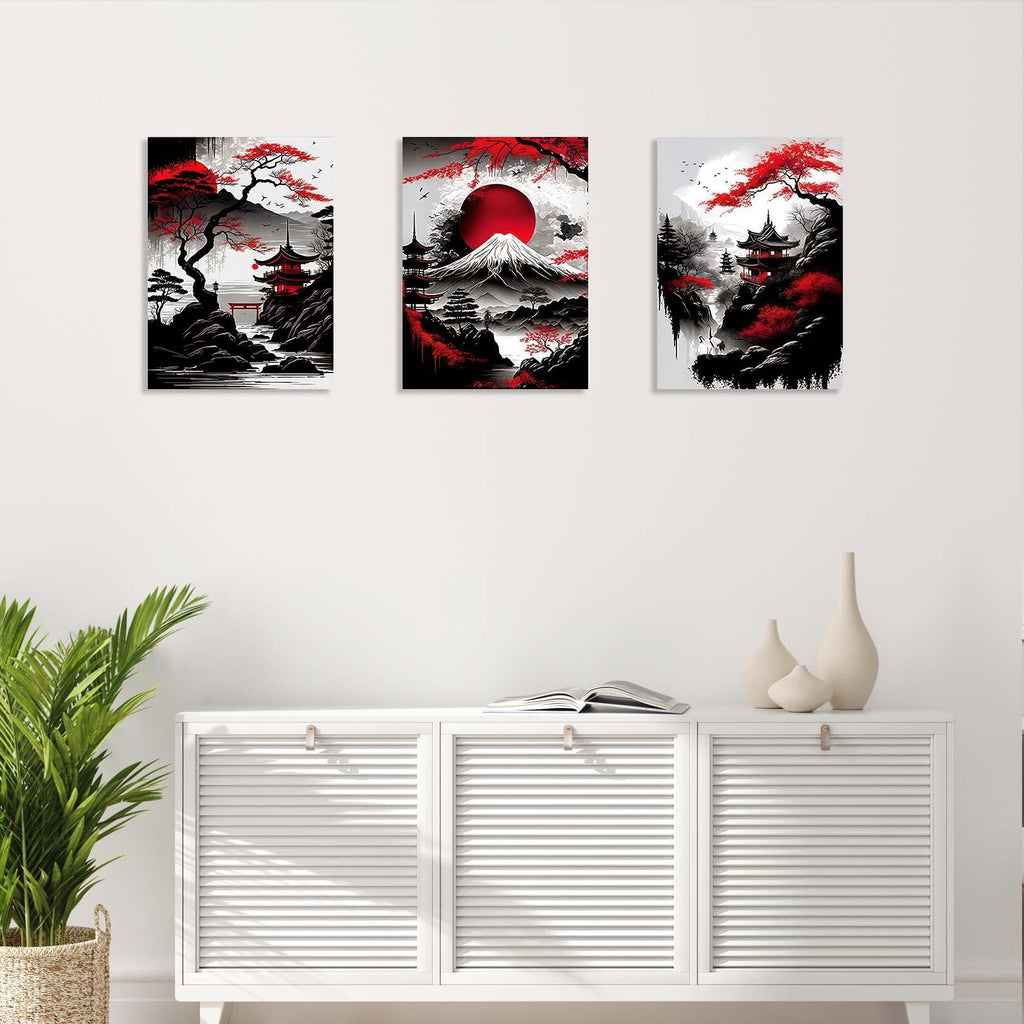 3 Piece Framed Canvas Wall Art Japanese Landscape Wall Decor with Red Sun, Mount Fuji, Pagoda & Cherry Blossom