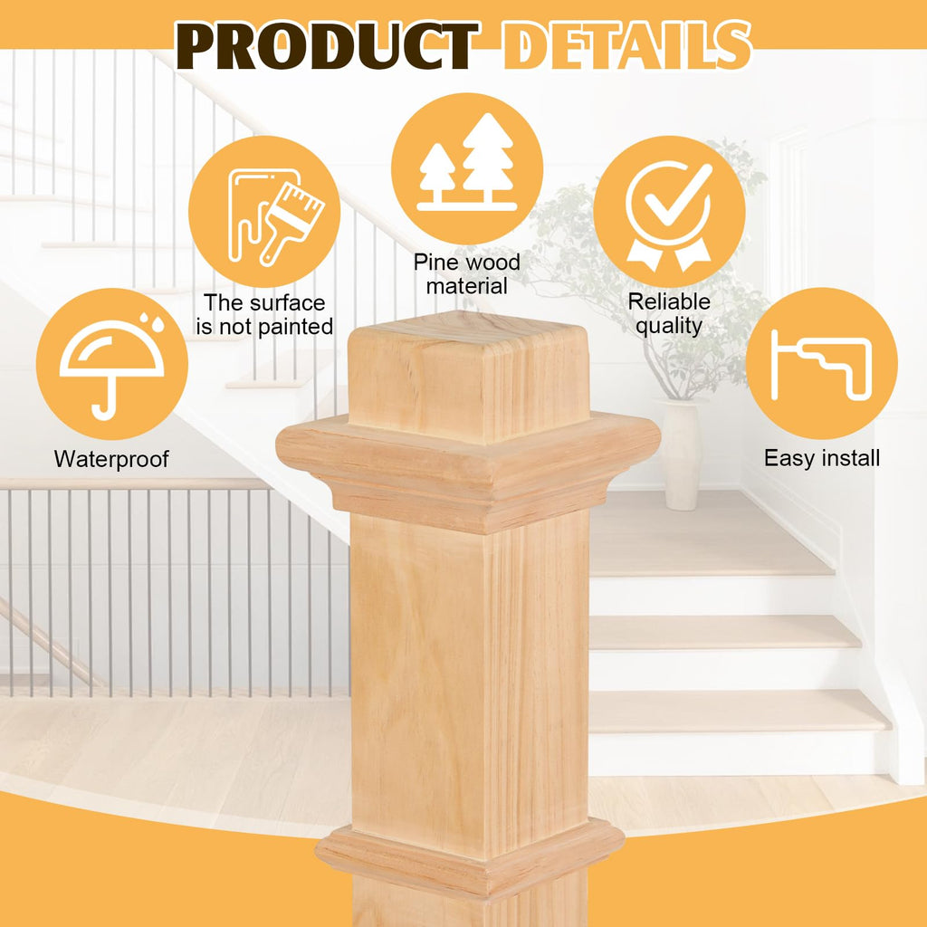 Unfinished Solid Pine Stair Newel Post, 48" Traditional Box Newel with 3.5" Post & 4.5" Base for Interior