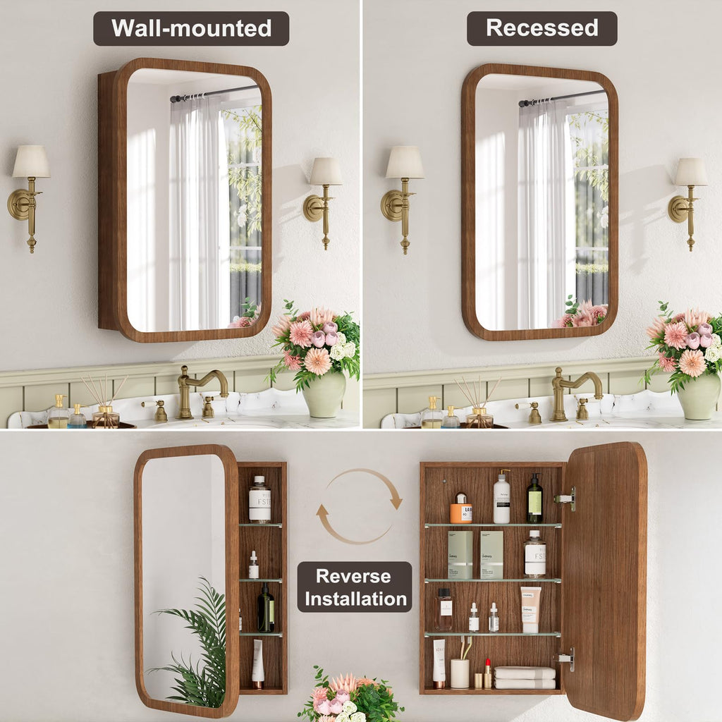 16x24 Inch Wood Medicine Cabinet with Mirror, Walnut