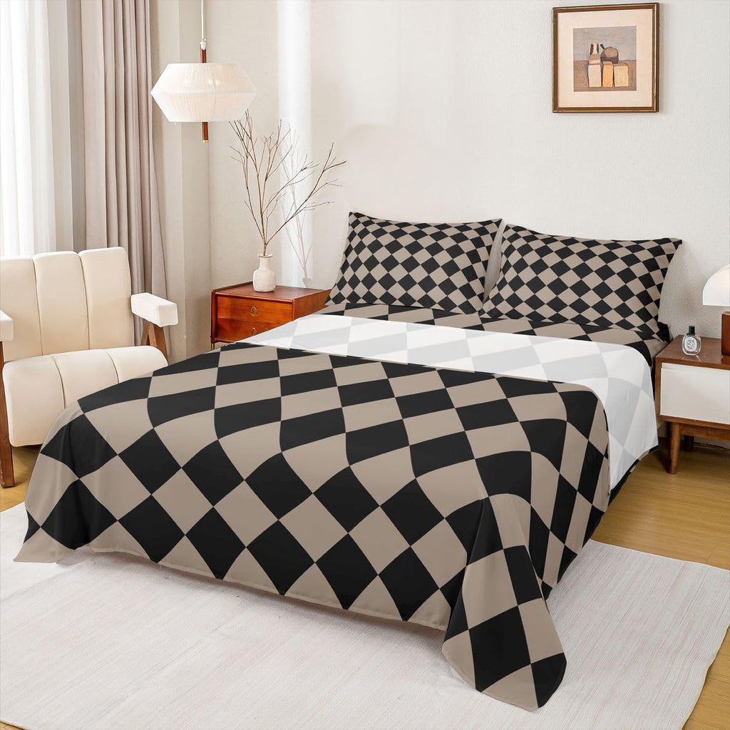 Diamond Plaid Bed Sheets Set Buffalo Check Bed Set Vintage Brown Deep Pocket Fitted Sheet Breathable Soft