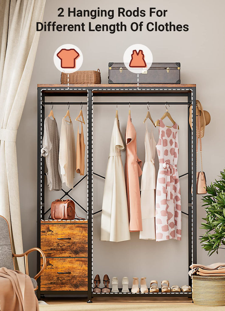 Clothes Rack with 2 Rods, Shelves, Drawers & Hooks, Garment Rack