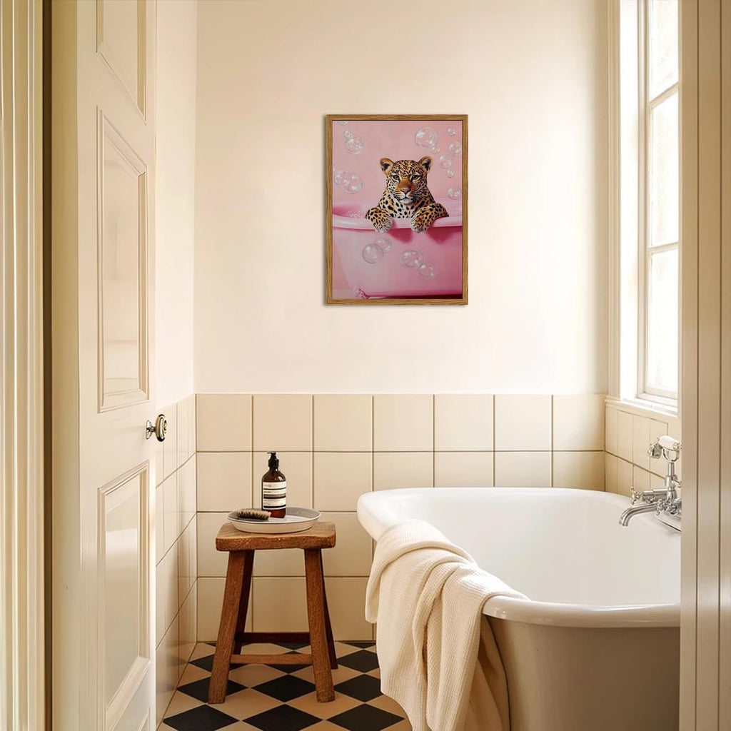 Funny Cheetah Bathroom Wall Art, Pink Leopard in Bathtub Wall Decor Paintings, Cute Animal Bathroom Poster Canvas
