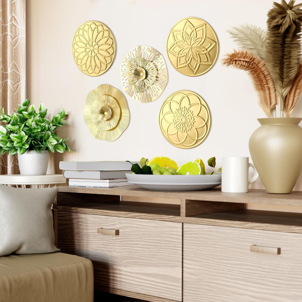 Inch Gold Metal Wall Art Decor Hanging Metal Flower Plate Modern Accent Wall Decorations Living Room Office - Set of 5