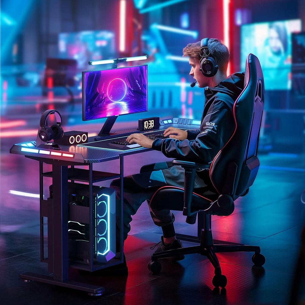 55" x 24" Electric Gaming Standing Desk with LED Lights & Host Shelf | Gaming Desk with Music Sensing APP Control