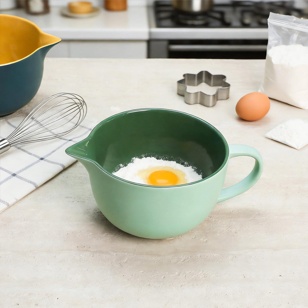 Simple Solid Color Kitchen Ceramic Mixing Bowl, 1 Quart Large Bowl, with Pouring Spout and Handle