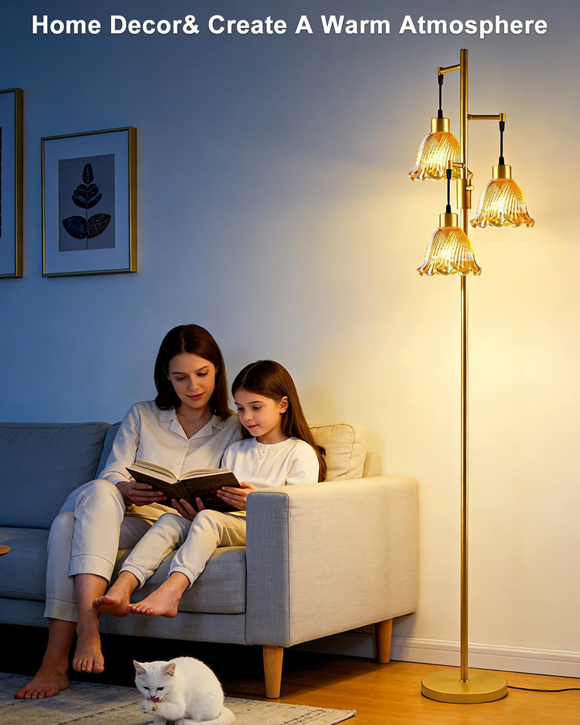 Amber Flower Glass Floor Lamp 3-Light Dimmable Gold Floor Lamps