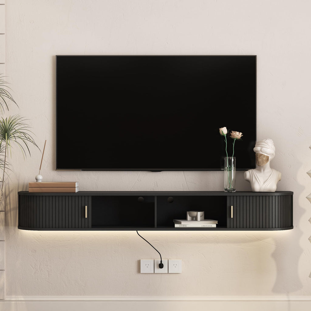 68.9" Floating TV Stand with LED & Outlet, Fluted Wall Mounted TV Shelf, TV Cabinet Black