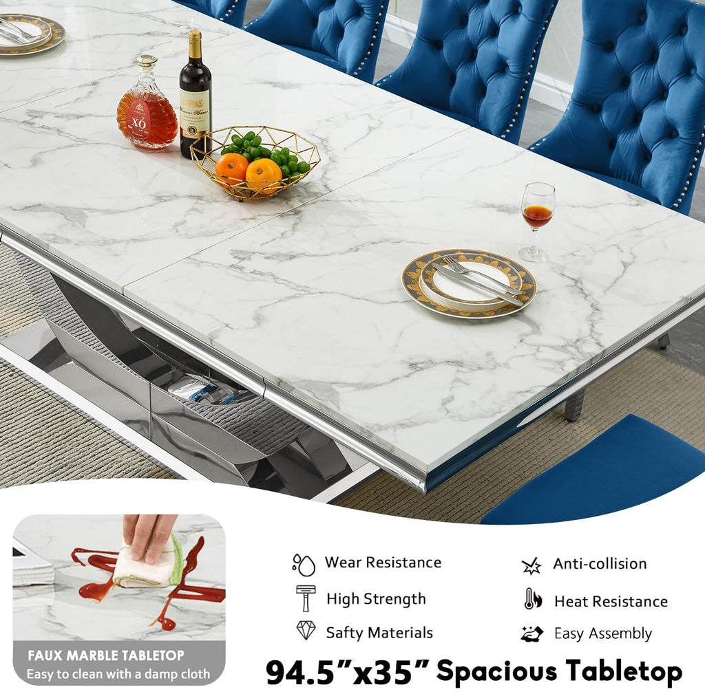 94.5" Large Marble Dining Table Set for 8, Luxury White Silver Kitchen Table with 8 Grey Velvet Tufted Chairs, Modern