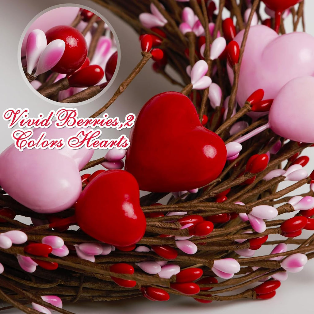 Valentines Day Wreath Decor,14 Inches Artificial Red Pink Berries and Small Pink Hearts,Valentines Wreaths for Front