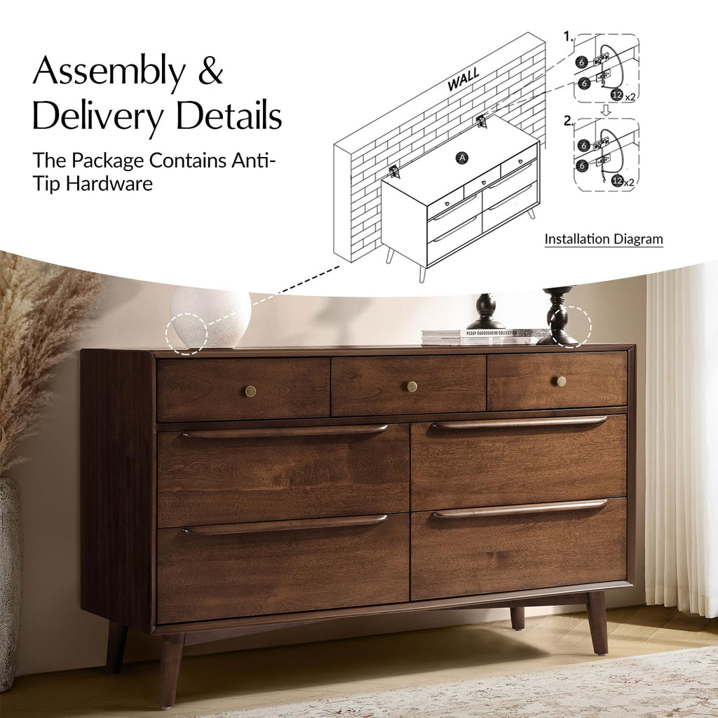 Mid-Century Modern 7-Drawer Dresser with Dividers (Walnut)