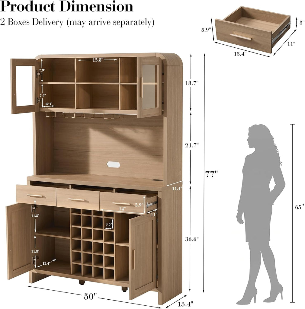 77" Tall Pantry Cabinet & Coffee Bar Cabinet with Storage,Gray Oak | Wine Cabinet Home with LED Lighting & Charging