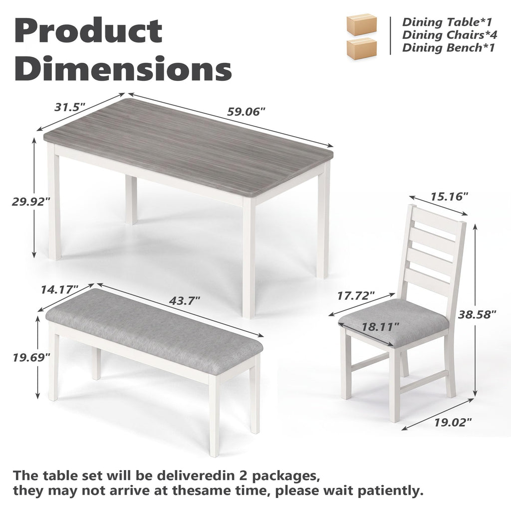 6-Piece Dining Table and Chair Set with 4 Chairs & 1 Bench, Grey