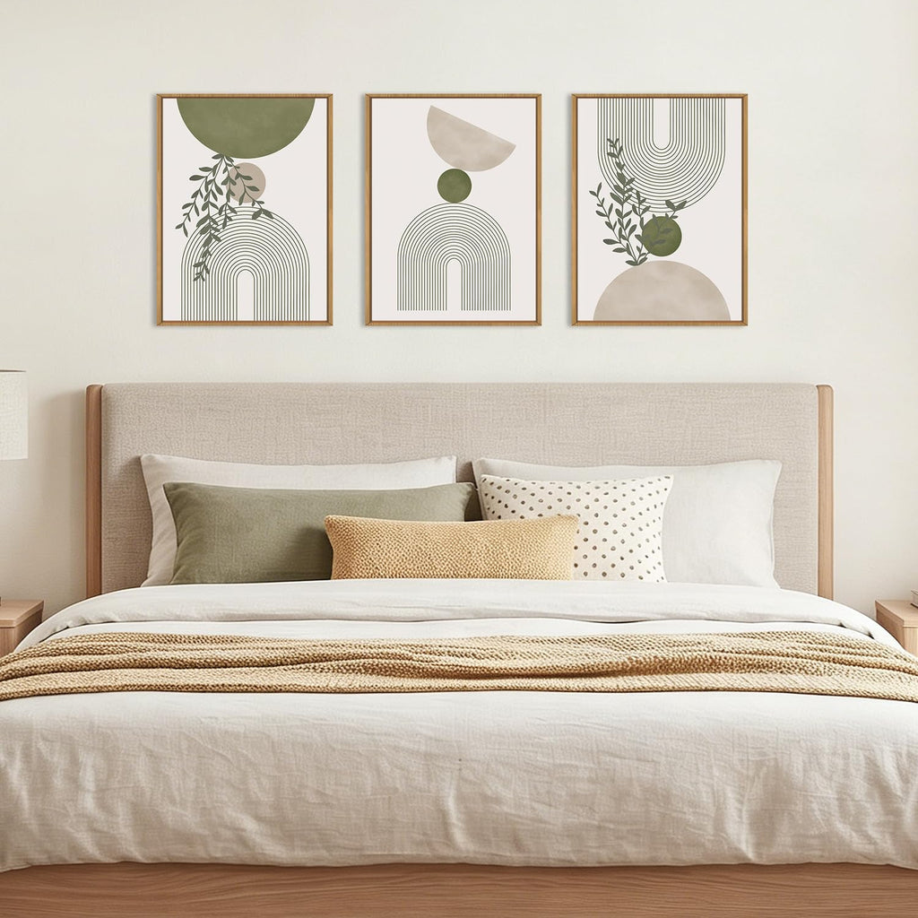 Boho Abstract Wall Art Canvas, Sage Green Wall Decor Framed, Geometric Line Art Prints Leaves, Minimalist Artwork
