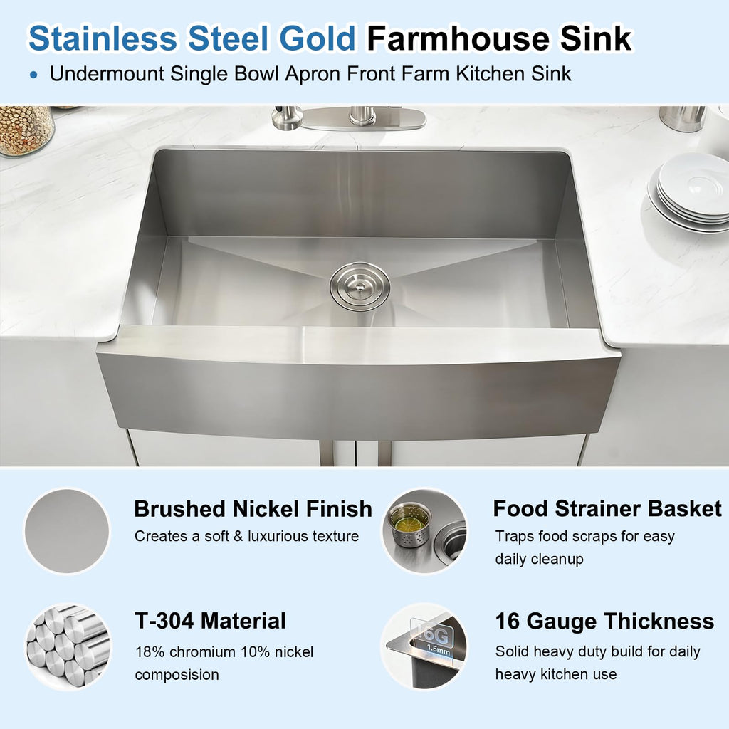 33 Inch Stainless Steel Farmhouse Sink, 33x21 Apron Front Kitchen Sink, 9 Inch Deep 16 gauge Commercial Single Bowl