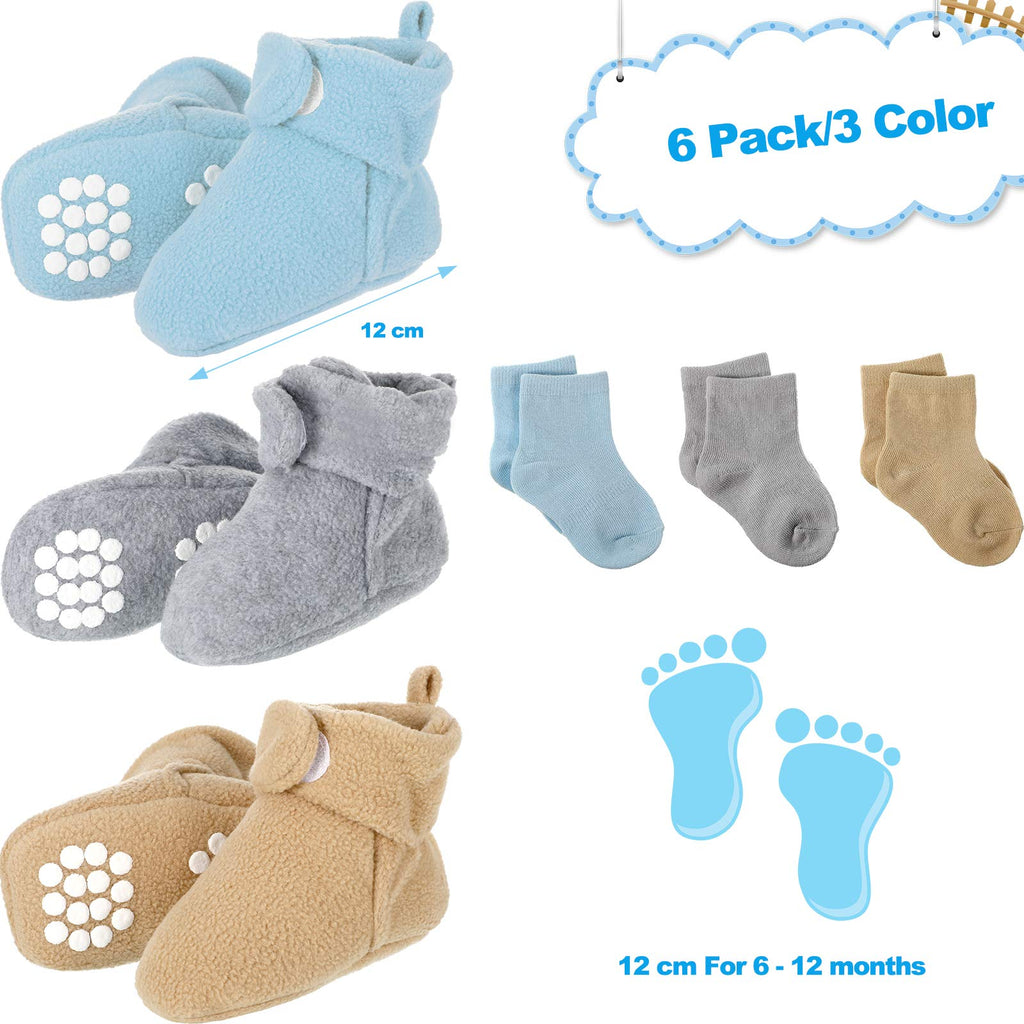 3 Pairs Fleece Baby Booties, Blue, Gray, Brown