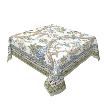Chinoiserie Square Tablecloth 54x54 Inch Blue Green Floral Birds Tablecloths Polyester Farmhouse Square Vintage