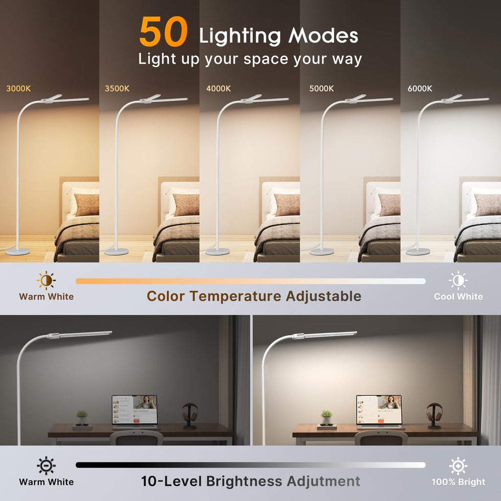 LED Floor Lamp, 18W Bright Reading Floor Lamp, Dual Head Gooseneck Standing Lamp, Smart Motion Sensor, Remote