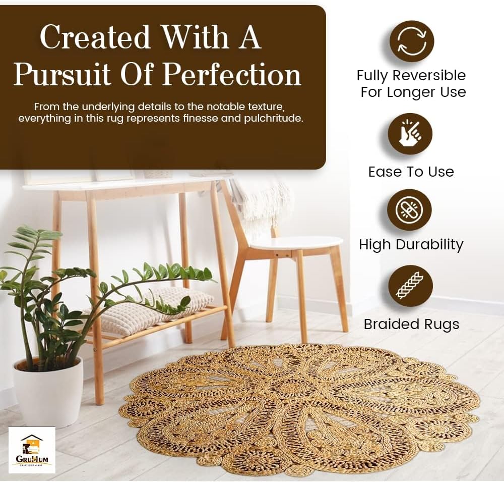Jute Area Rug 4ft Round Natural Handwoven Rustic Boho Farmhouse Rug | 100% Jute Soft Braided Vintage Beige Reversible