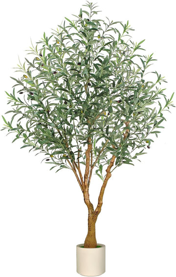 Olive Trees Artificial Indoor, 6FT Faux Olive Tree with White Tall Planter, Full Lush Artificial Plants with Large