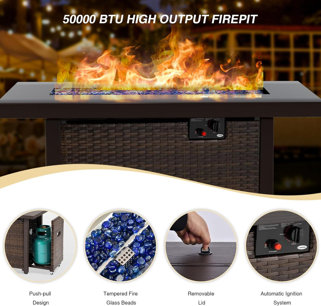 42" Propane Fire Pit Table, 50,000 BTU Outdoor Gas Fire Table with Lid