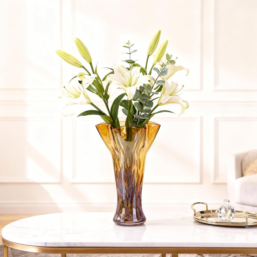 9.1H Murano Hand Blown Glass Vase, Ruffled Scalloped Rim Trumpet Shape, Wide Mouth Colorful Decorative Glass Vase