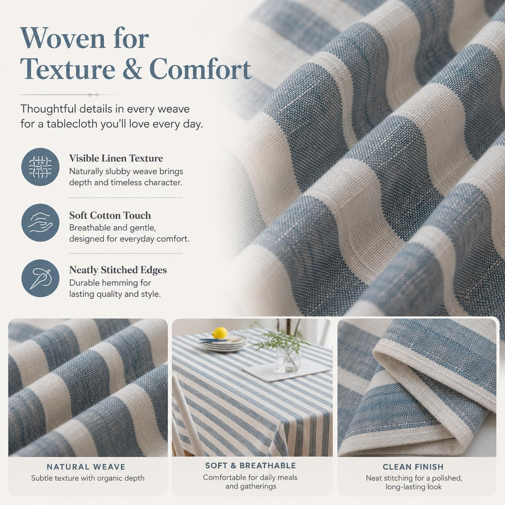 Boho Tablelcoth Rectangular Blue and White Striped Table Cloth 84 Inches Long for 6 Foot Rectangle Dining Kitchen