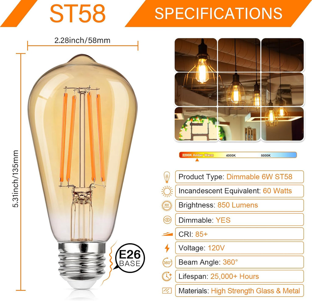 Dimmable Vintage LED Edison Bulbs 60W Equivalent 6W 850 Lumens