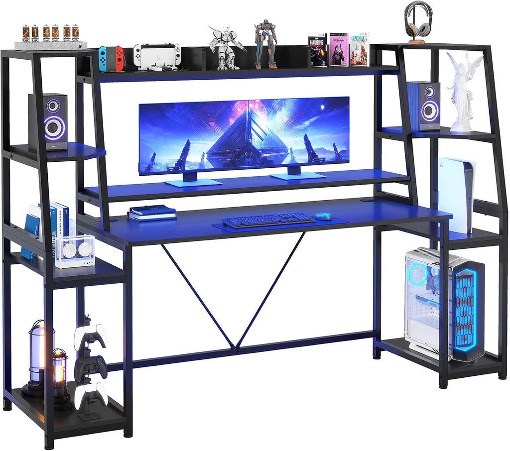 79'' Gaming Desk with LED Lights, Hutch and Storage Shelves, Black | Computer Desk with Monitor Stand, Large PC Gamer