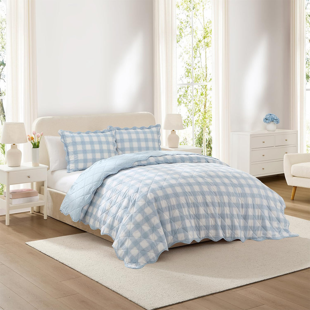 Blue Quilt for Bed, 2-Piece Gingham Scalloped Bedspread Coverlet and Sham (Checkered Bliss)