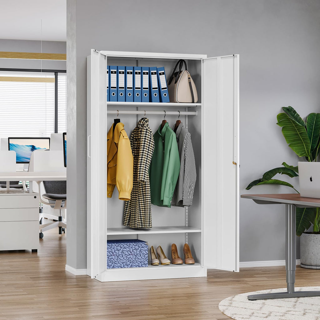 Metal Clothing Storage Locker, Steel Wardrobe Cabinets with Shelves and Hanging Rod, 72" Large Storage Locker Closet