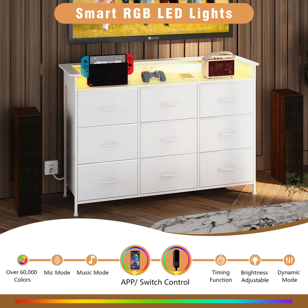 White with LED Light 9 Drawer Dressers with Charging Station Chests of Drawers Closet Living Room Hallway Sturdy