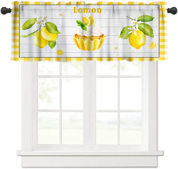 Lemon Fruit Curtains, Rustic Hand Painted Watercolor Yellow Fruit Flower Wood Panel Window Valances Short Panel