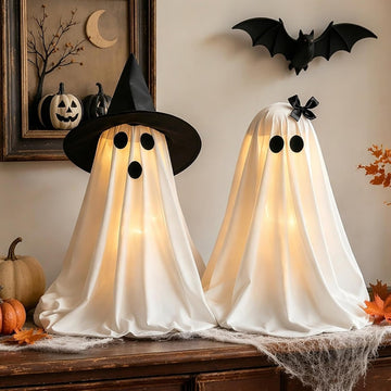 Halloween Decorations Light-Up Ghosts with Witch Hats, Indoor Ghost Decor - Set of 2