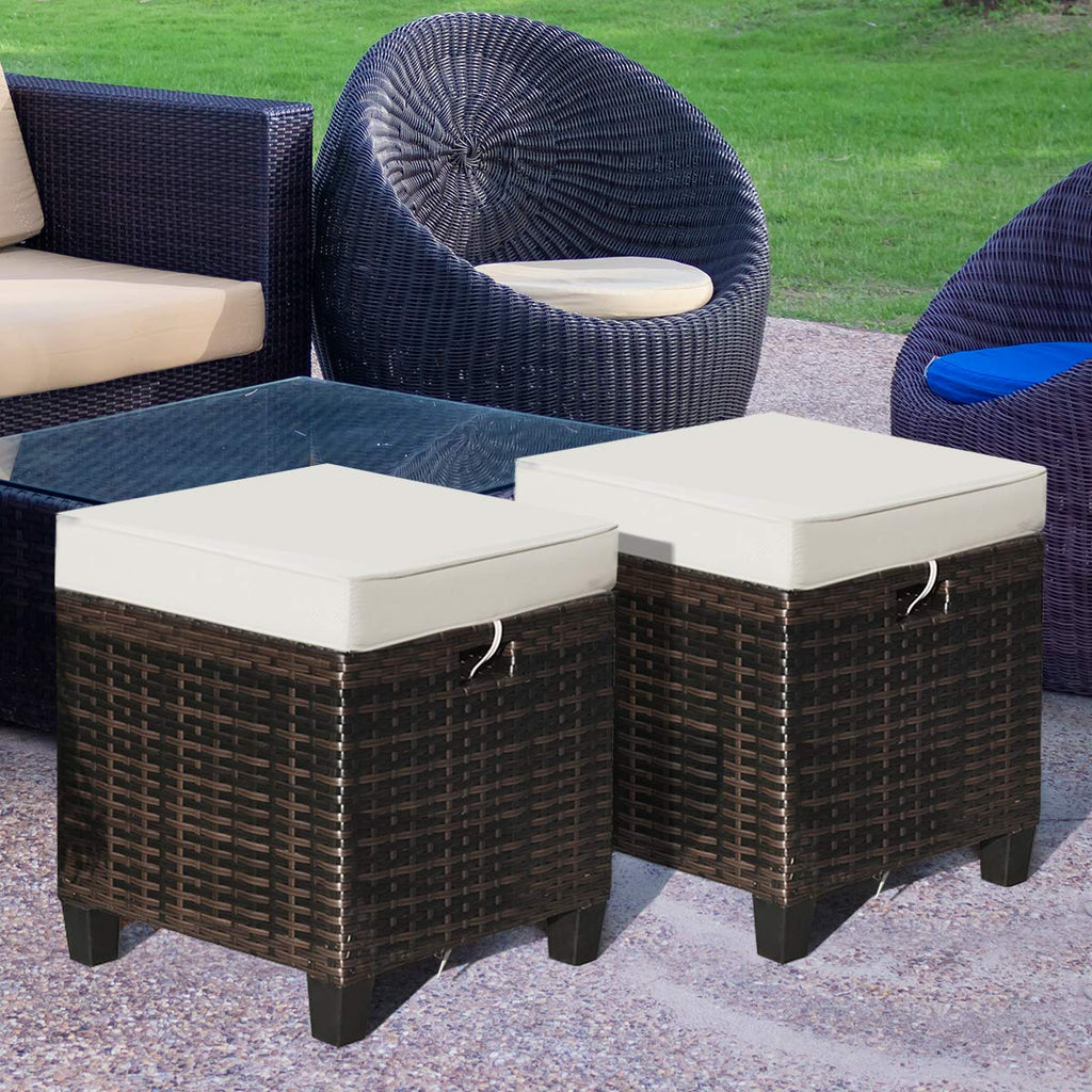 Outdoor Ottoman Set of 2, All Weather Rattan Wicker Patio Ottoman w/Removable Cushions, Outdoor Footstool Footrest