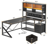 L Shaped Gaming Desk, Home Office Computer Desk with 2 Drawer and Bookshelf, L Shaped Gaming Desk with LED Light