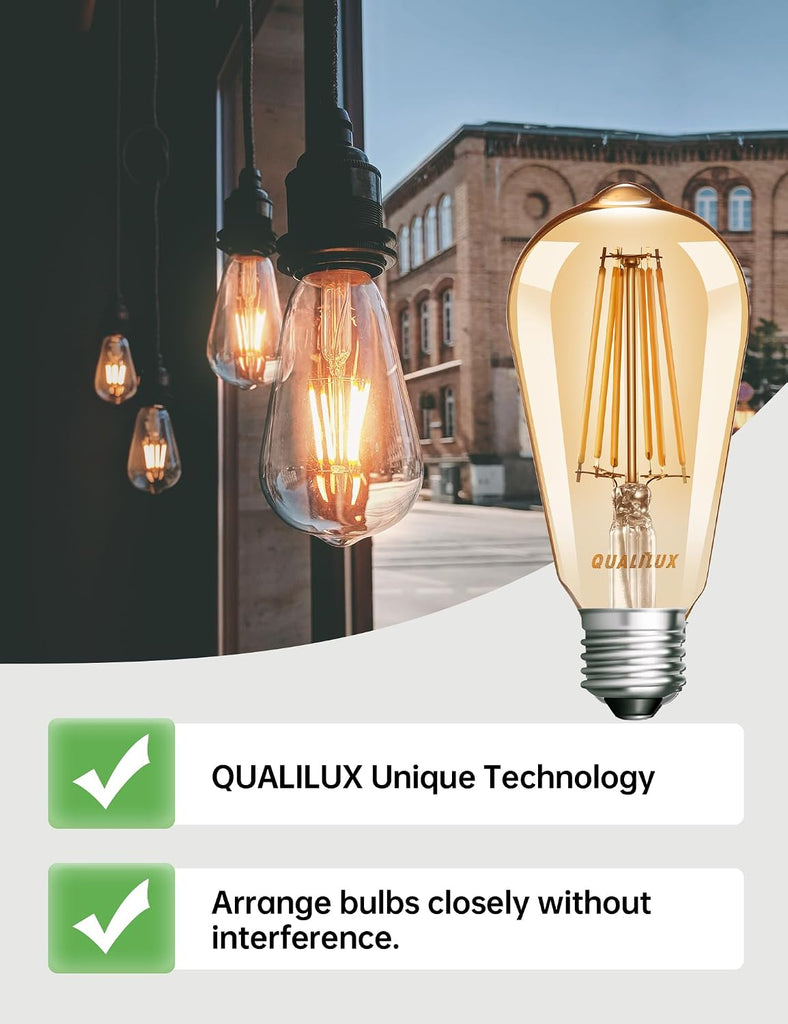 Dusk to Dawn Light Bulbs, Auto On/Off Light Sensing LED Bulbs Outdoor, Vintage Amber, Edison ST19 6-Pack, 6.5W 700LM