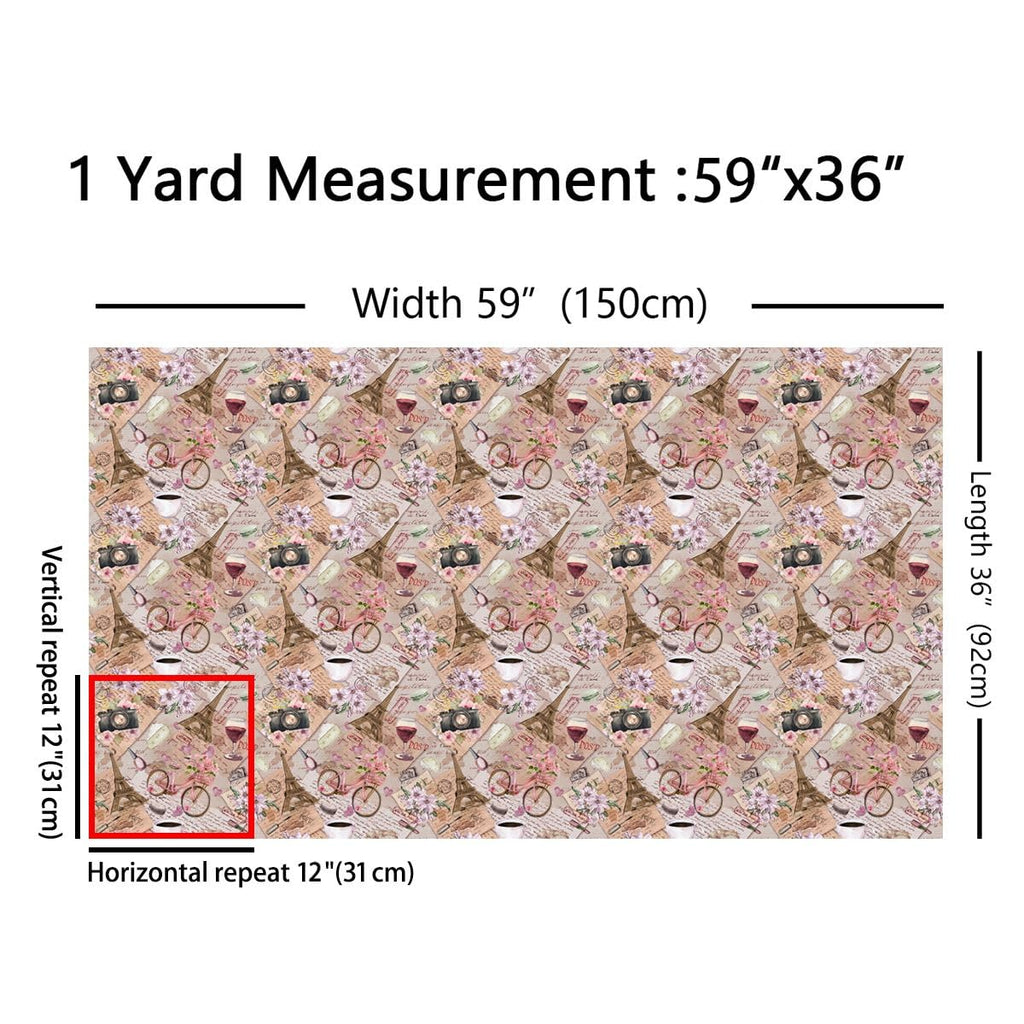 Bicycle Retro Paris City Landmark Outdoor Fabric by The Yard, Retro Newspaper Fabric for Craft Lover, Bicycle Retro