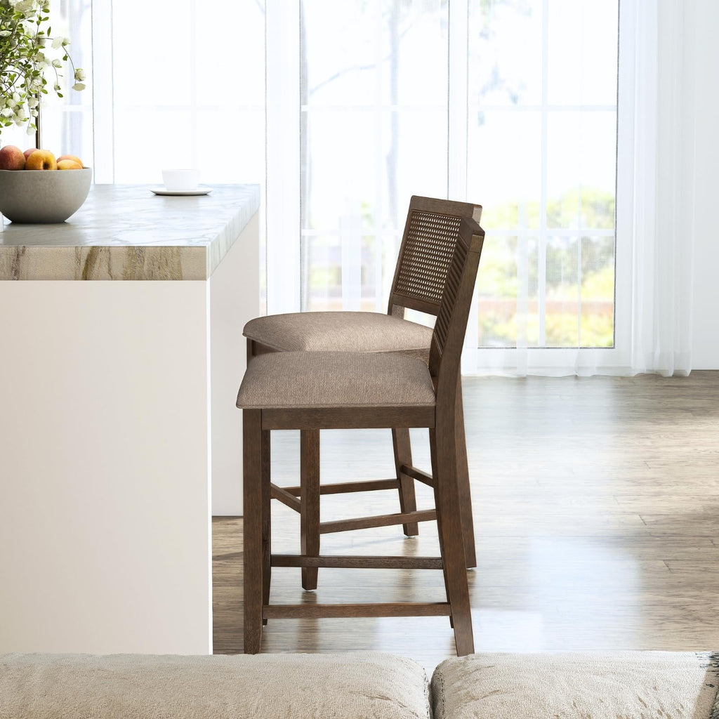 26" Rattan Bar Stools Set of 4, Farmhouse Chenille Upholstered Counter Height Stools with Cane Woven Back, Mid