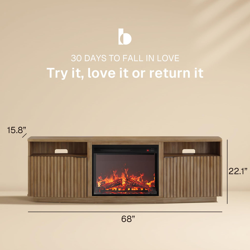 Fluted TV Stand with 23" Electric Fireplace Heater with Sound, 68" Entertainment Center for TV Up to 75", Media