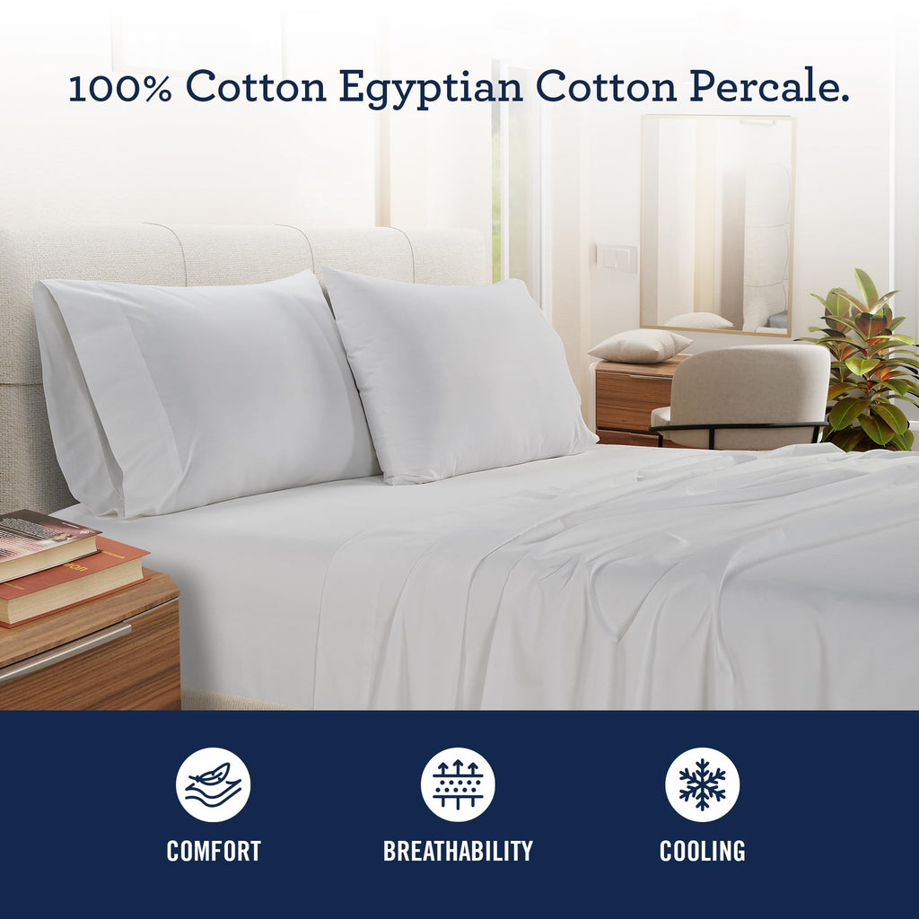 Full Bed Sheet Set, 100% Egyptian Cotton Percale, White, Crisp, 4Pc