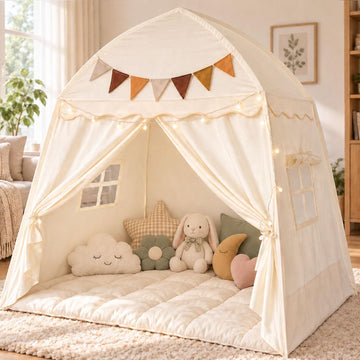 Extra Large Kids Play Tent Indoor: 59x39x59in with Mat Lights Flags Cream