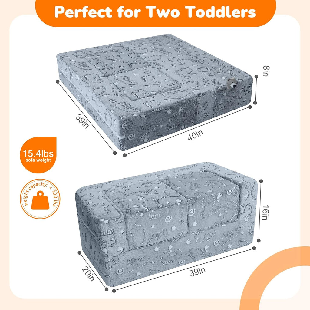 Glow Dinosaur Kids Couch, Gray Modular Fold Out Play Couch