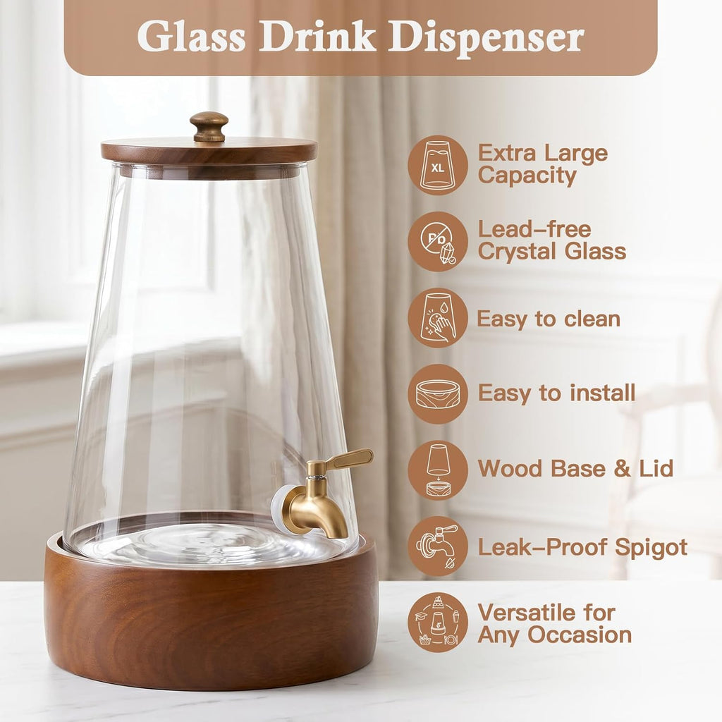 1.7 Gallon (6.4L) Glass Drink Dispenser with Spigot & Wooden Base - Large Rustic Beverage Dispenser for Parties, Iced