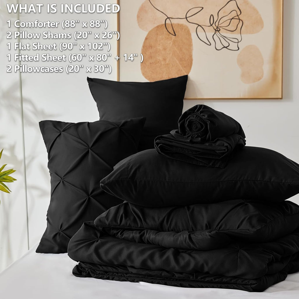 Queen Comforter Set 7 Pieces Bed in A Bag Black Luxury Soft Queen Bed Set Pintuck Pinch Pleat Bedding Sets with
