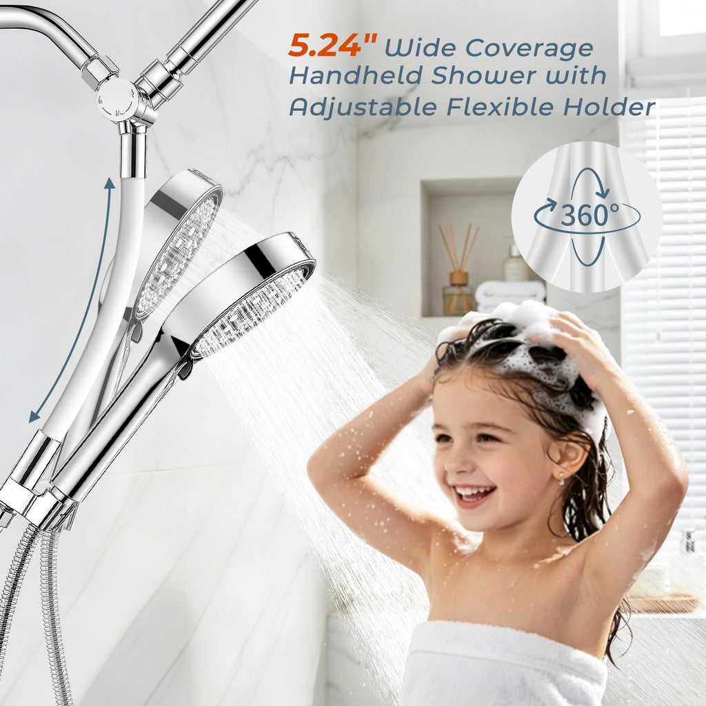 Dual Shower Head with Handheld High Pressure Chrome, Adjustable Bar